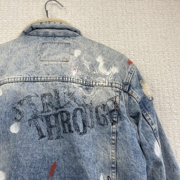 Y2K Zara Denim Punk Emo Goth Graffiti Jacket Sherpa Lined Distressed Men Size S - Picture 15 of 16